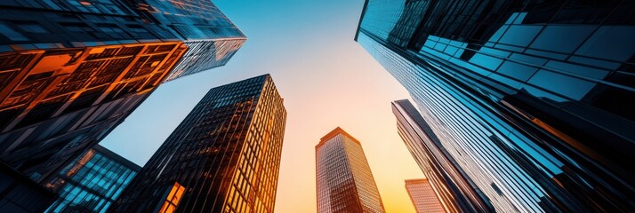 Aufkleber - Tall buildings tower against a warm sunset, casting striking silhouettes in an urban landscape as day transitions to night. Generative AI