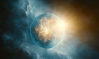 Wall Mural - this image depicts a bright glowing celestial planet with an ethereal light, set against a backdrop 