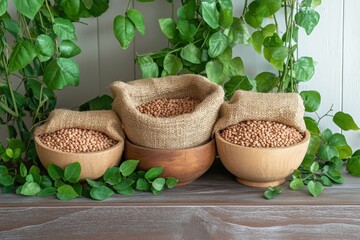 Poster - A rustic wooden table features bowls and sacks brimming with lentils, beans, and chickpeas, set amidst lush green plants. Generative AI