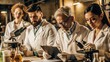 © engincan - Scientist, team and writing in notebook in lab for disease experiment, medical study and dna process. Researcher, people and molecule research for engineering, vaccine results and healthcare solution
