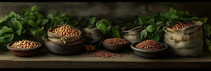 Poster - Rustic wooden table displays bowls and sacks filled with colorful lentils, beans, and chickpeas, complemented by lush greenery. Generative AI