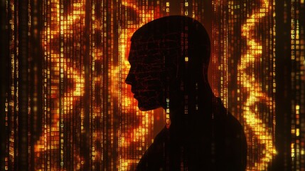Poster - A human silhouette overlays a backdrop of DNA sequences, illustrating the fusion of biotechnology and human identity in today's world. Generative AI