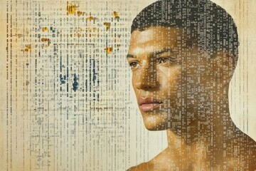 Poster - A human figure overlays intricate rows of DNA symbols, highlighting the link between genetics and personal identity. Generative AI