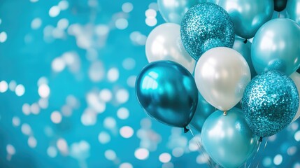 Wall Mural - Blue and teal helium balloons mixed with glitter confetti Ideal for celebrations such as birthdays or holidays A decorative backdrop for invitation cards featuring ample copy space