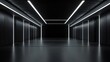 © Cyber Shutter - Abstract dark space featuring an empty garage illuminated by LED lines showcasing a sleek black interior Represents a concept for modern hallways studios or showrooms