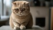 © Cyber Shutter - Close up of a dissatisfied Scottish Fold cat with an evil expression sitting on a table