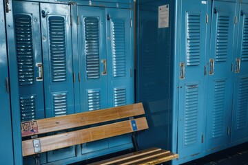 Wall Mural - A row of blue lockers next to a wooden bench in a school or office setting