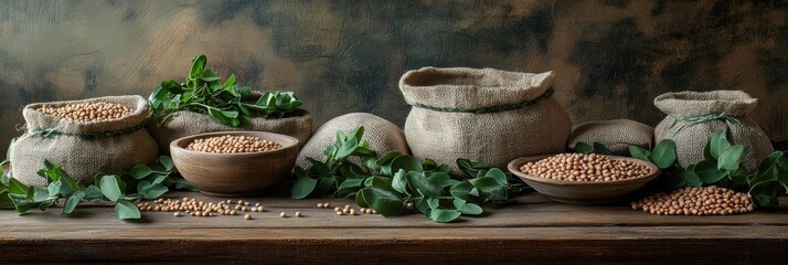 Aufkleber - Bowls and sacks filled with lentils, beans, and chickpeas rest on a rustic wooden table, accompanied by fresh greenery. Generative AI