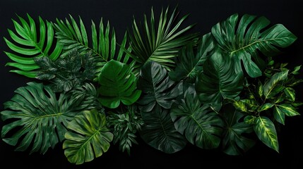 Poster - Close up of assorted dark green tropical leaves bunches isolated on a black background featuring a clipping path Perfect for design templates and frames with space for text