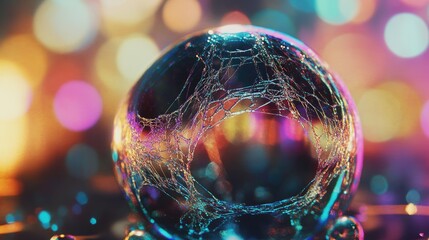 Poster - A spatial abstract featuring an intricate webbed sphere showcasing visual effects created by spatial illusions and shifting colors