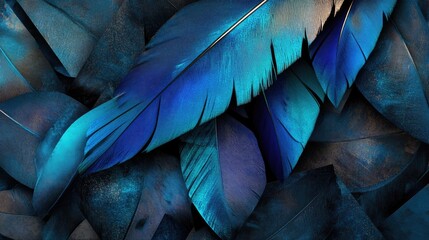Aufkleber - Vibrant bird feathers are set against a backdrop of geometric shapes in black and blue Abstract design with a focus on detail