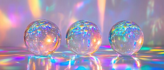 Sticker - three crystal spheres arranged in a row with a vibrant rainbow light display creating a beautiful ba