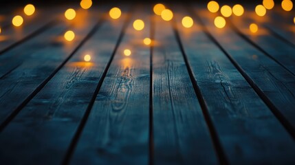 Poster - Wooden surface background adorned with lights and bokeh effects creating a vibrant night atmosphere