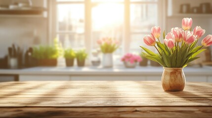 Aufkleber - empty brown wooden tabletop set against a blurred kitchen background featuring a sunlit window compl