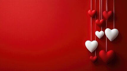 Poster - Minimalistic Valentine s Day background featuring red and white hearts suspended on a ribbon against a vibrant red backdrop providing ample copy space for messaging