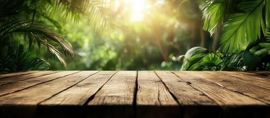 Poster - Rustic wooden surface with a blurred jungle backdrop ideal for product displays and shelf montages featuring ample copy space for showcasing items