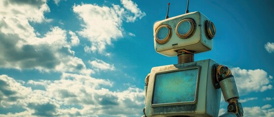 Poster - A robot interacting with a computer beneath a sky backdrop