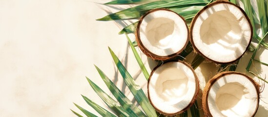 Poster - Coconut painting featuring halves and palm leaves on a white backdrop offering space for text Captured from a top down perspective