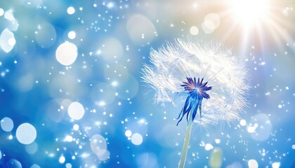 Poster - Light effect featuring lens flares and white glowing starburst sparkles on a blue background creating an abstract depiction of a dandelion