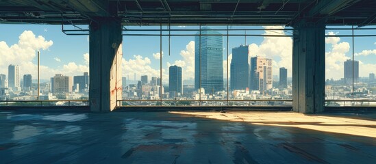Poster - Artistic depiction of a vacant marble floor set against a sweeping urban landscape