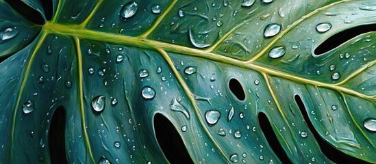 Poster - Artwork depicting the texture of a large evergreen tropical leaf featuring a hole pattern with raindrops in the background