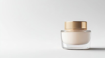 Poster - Cream and gold capped glass bottle on a white background Minimalistic mockup for cosmetic products