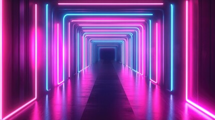 Poster - Neon rectangular frame with horizontal lighting Tunnel corridor background featuring geometric glow outline and laser lines Abstract texture suitable for social media banners or cards