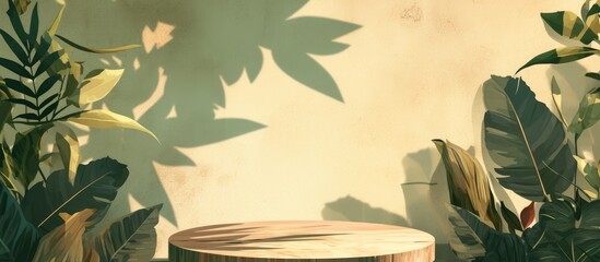 Poster - Minimalist modern product display podium featuring a wooden base surrounded by leaves and a textured green and brown background with shadow effects