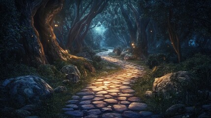 Poster - Cobblestone pathway in a mystical forest Stone paved road in an enchanting garden Fantasy landscape featuring a serene woodland at night Magical trail among ancient trees