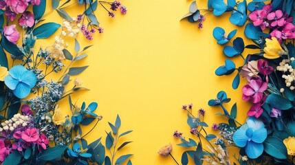 Poster - Pink and blue creative floral design on a vibrant yellow backdrop