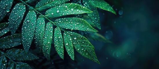 Poster - Abstract texture of green fern leaves with water droplets against a dark blue nature background featuring a tropical leaf design