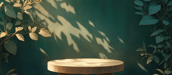 Poster - Minimalist modern product display podium featuring a wooden base surrounded by leaves and a textured green and brown background with shadow effects