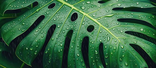 Poster - Artwork depicting the texture of a large evergreen tropical leaf featuring a hole pattern with raindrops in the background