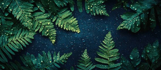 Poster - Abstract texture of green fern leaves with water droplets against a dark blue nature background featuring a tropical leaf design