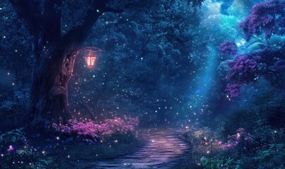 Poster - Enchanted Nighttime Forest Digital Background