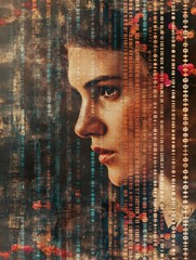 Poster - A human profile is superimposed on rows of DNA symbols, illustrating the intersection of biology and technology in understanding genetics. Generative AI
