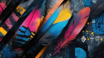 Aufkleber - Vibrant bird feathers are set against a backdrop of geometric shapes in black and blue Abstract design with a focus on detail