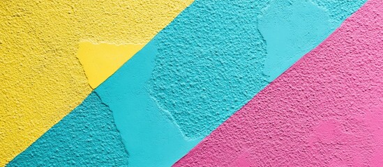 Poster - Close up of a vibrant teal pink and yellow urban wall texture A contemporary pattern suitable for wallpaper design and creative urban backgrounds in advertising mockups Minimalist geometric style w