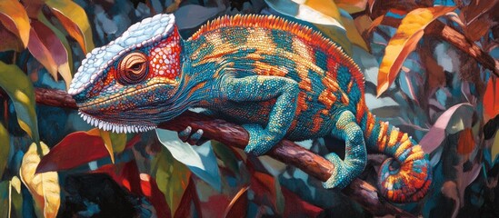 Poster - Vibrant painting of a panther chameleon perched on a branch featuring a close up of its striking colors and unique features