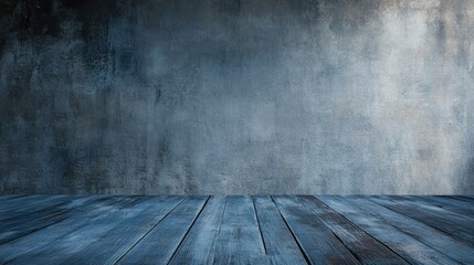 Poster - Interior space featuring a dark blue wooden floor and concrete wall ideal as a studio background for showcasing products with a panoramic banner design