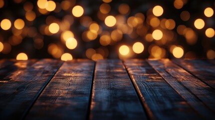 Poster - Wooden surface background adorned with lights and bokeh effects creating a vibrant night atmosphere
