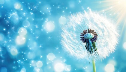 Poster - Light effect featuring lens flares and white glowing starburst sparkles on a blue background creating an abstract depiction of a dandelion