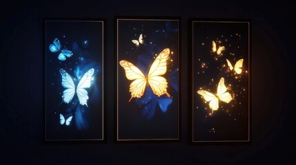 Sticker - three illuminated rectangular banners featuring enchanting butterflies on a dark backdrop