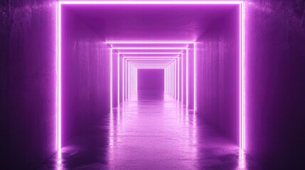 Poster - Neon rectangular frame with horizontal lighting Tunnel corridor background featuring geometric glow outline and laser lines Abstract texture suitable for social media banners or cards