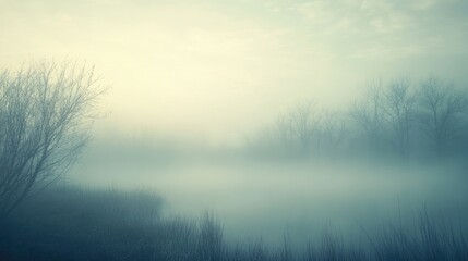 Poster - Mysterious fog enveloping a landscape creating an enchanting atmosphere with soft hues and a sense of tranquility