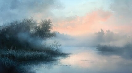 Poster - Mysterious fog enveloping a landscape creating an enchanting atmosphere with soft hues and a sense of tranquility