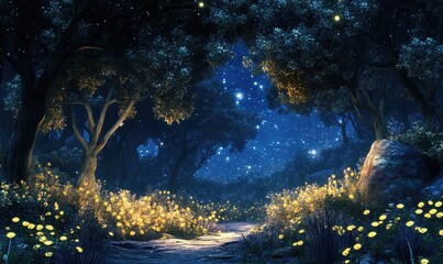 Poster - Enchanted Nighttime Forest Digital Background