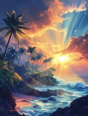 Poster - Tropical seascape with palm trees sun rays clouds and a sunset Dreamlike illustration featuring fog and vibrant scenery