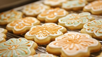 Wall Mural - Delicious sugar cookies displayed with golden edges and intricately designed icing highlighting their delightful details