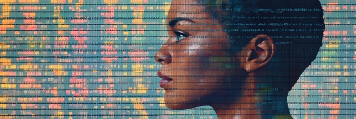 Poster - A profile silhouette of a human overlaying intricate rows of genetic code symbols, representing the intersection of biology and technology. Generative AI